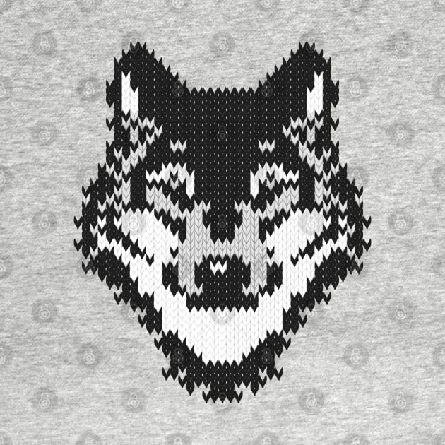 Fair isle knitting grey wolf // spot illustration // black and white wolf by SelmaCardoso